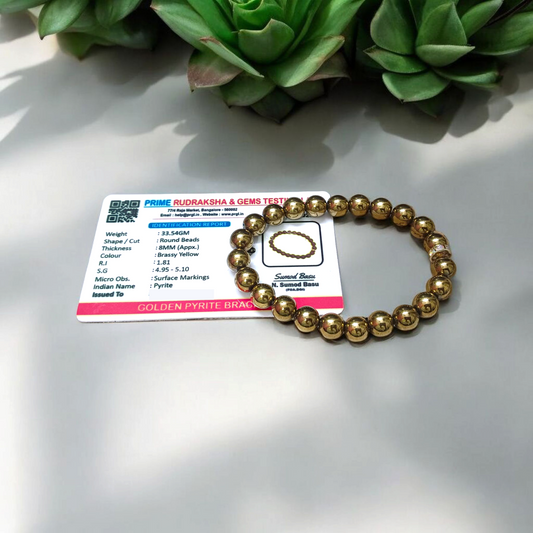Golden Pyrite Bracelet made with polished 8mm beads, stretchable design for daily wear and spiritual use