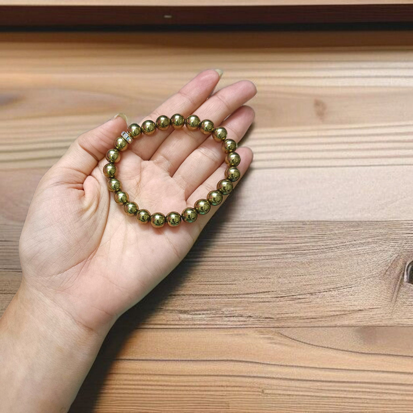 Golden Pyrite Bracelet made with polished 8mm beads, stretchable design for daily wear and spiritual use