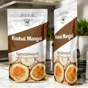 Hand-rolled Sandalwood incense sticks with traditional packaging, placed next to a bronze incense holder and decorative flowers