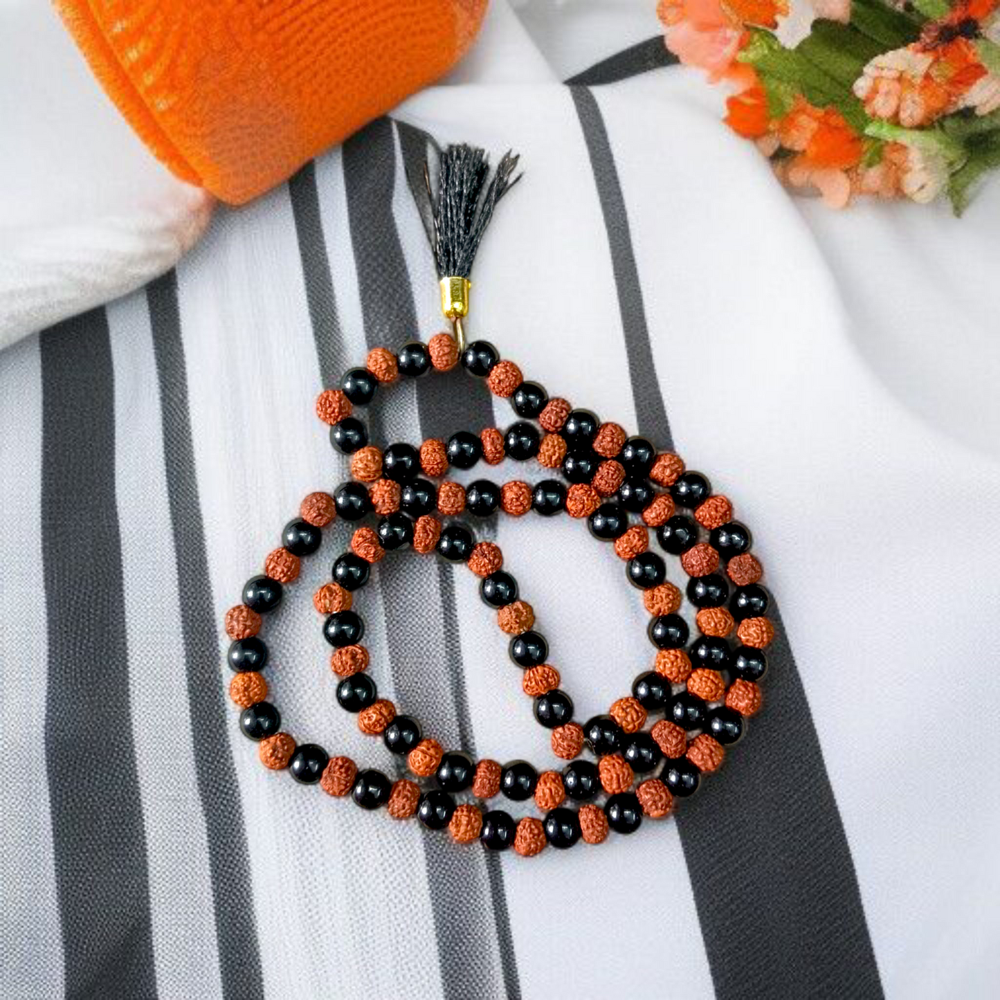 Handcrafted Black Agate and Rudraksha 108+1 Beads Mala with 6mm certified beads arranged in a spiritual japa mala design