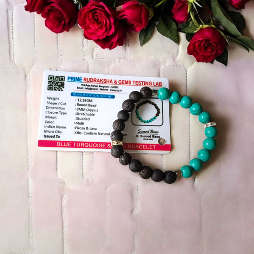 Handcrafted Blue Turquoise & Lava Bead Bracelet with 8MM stones on a stretchable band