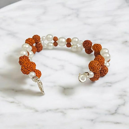 Handcrafted Natural Rudraksha and Pearl Bracelet with adjustable elastic design by Malawala