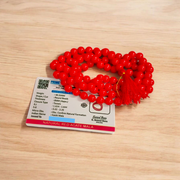 Handcrafted Red Hakik Mala made with natural Red Agate beads in 27+1 and 108+1 variants, placed on a wooden surface with lab certificate