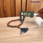 Handcrafted Rudraksha and Black Hakik mala with 5 Mukhi Rudraksha beads, used for protection, grounding, and meditation, available in 27+1 and 108+1 variants