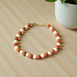 Handcrafted Rudraksha and Moti (Pearl) bracelet with stretchable design, lab certified, suitable for both men and women for daily and spiritual use
