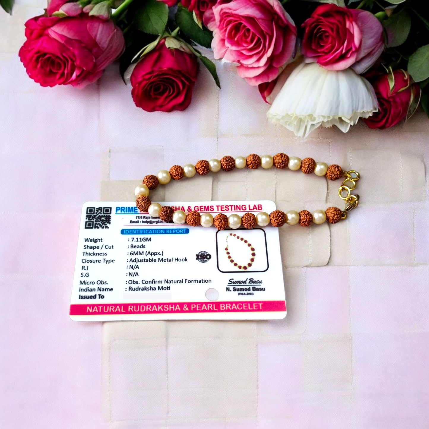 Handcrafted Rudraksha and Moti (Pearl) bracelet with stretchable design, lab certified, suitable for both men and women for daily and spiritual use