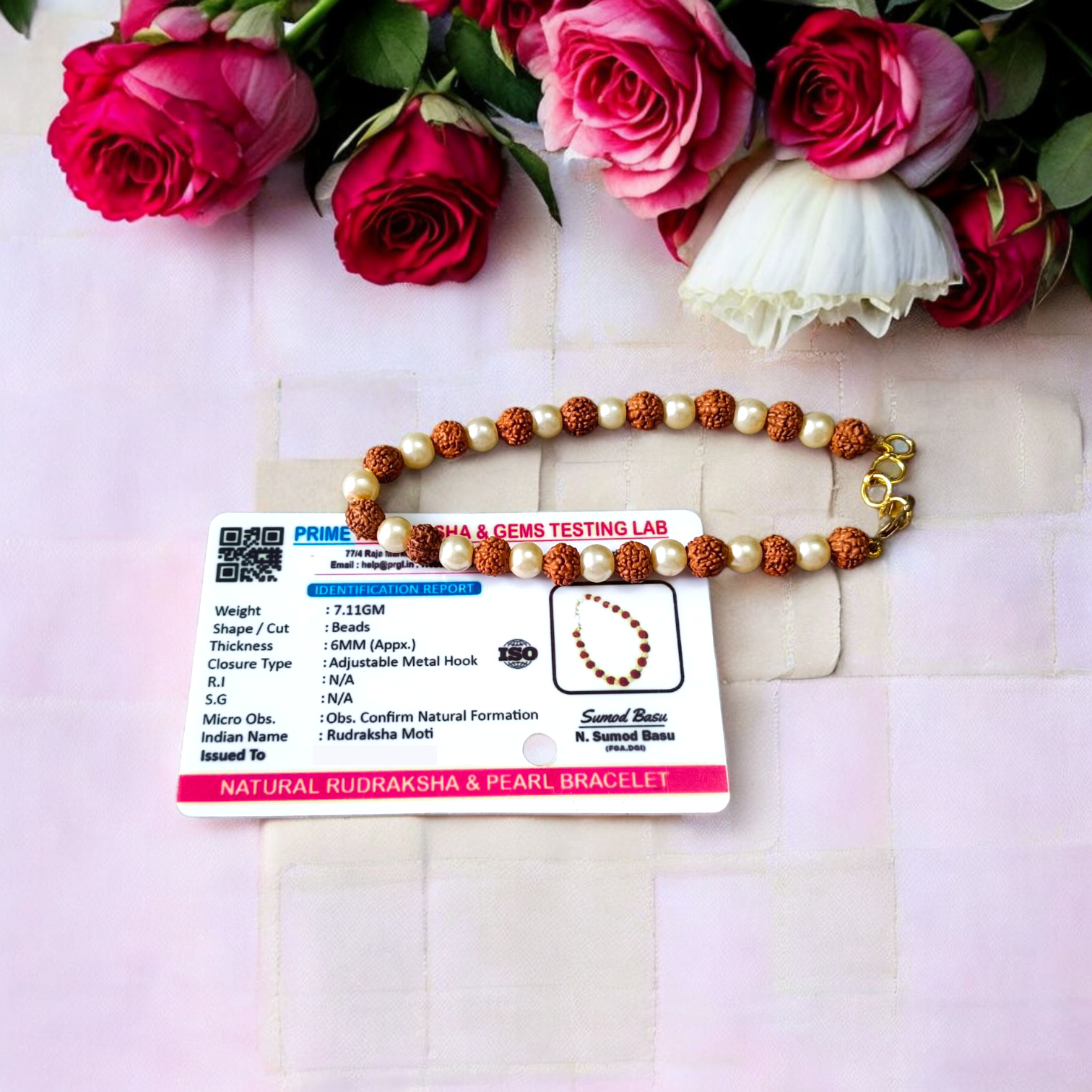 Handcrafted Rudraksha and Moti (Pearl) bracelet with stretchable design, lab certified, suitable for both men and women for daily and spiritual use