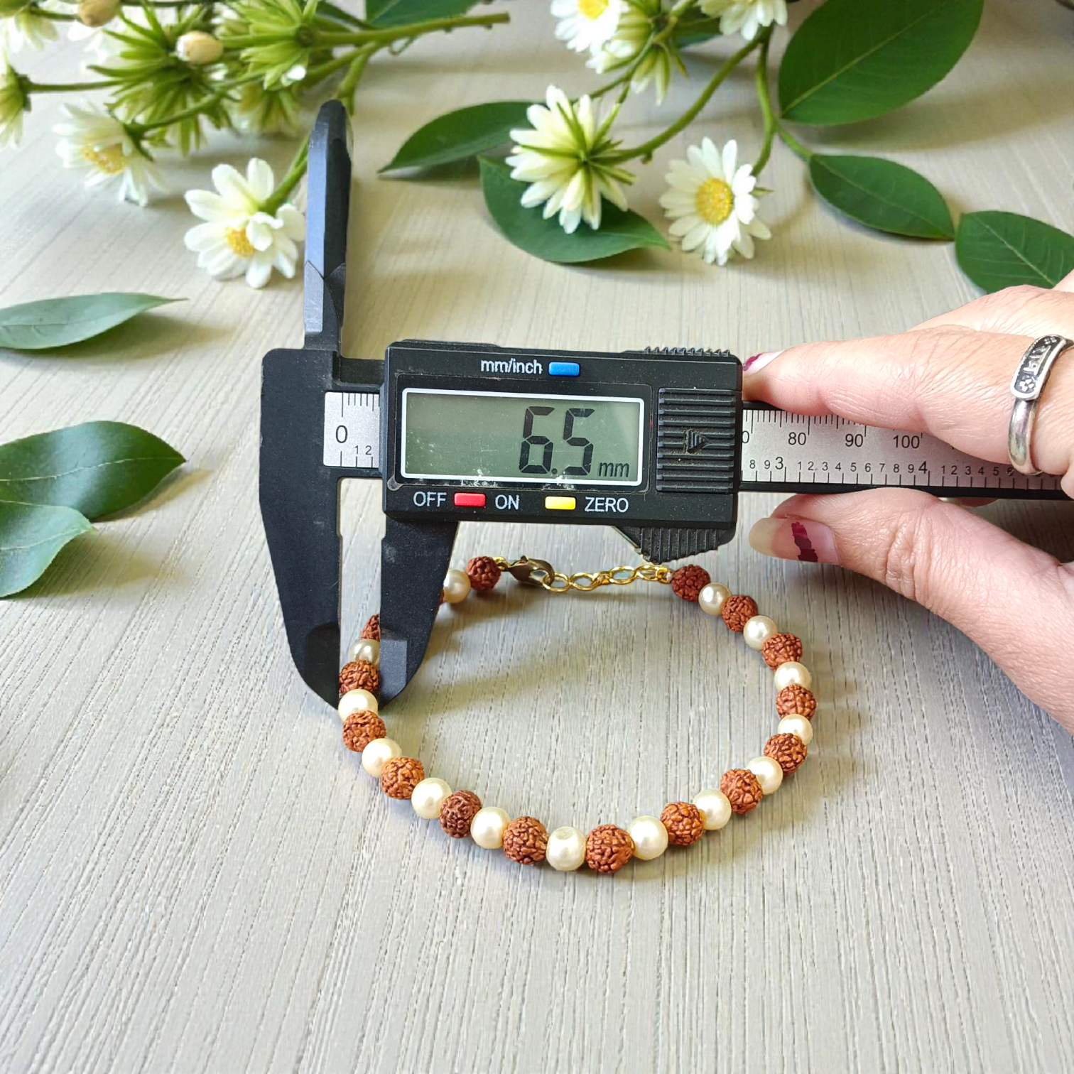 Handcrafted Rudraksha and Moti (Pearl) bracelet with stretchable design, lab certified, suitable for both men and women for daily and spiritual use