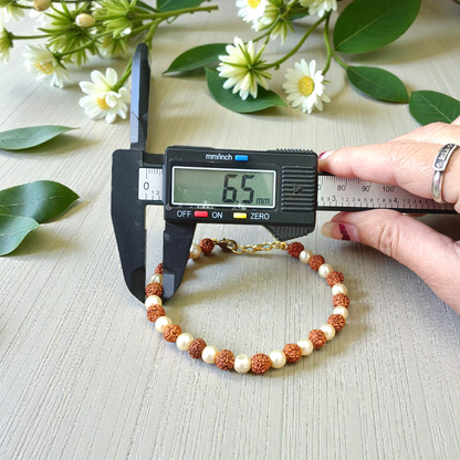 Handcrafted Rudraksha and Moti (Pearl) bracelet with stretchable design, lab certified, suitable for both men and women for daily and spiritual use