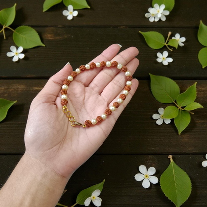 Handcrafted Rudraksha and Moti (Pearl) bracelet with stretchable design, lab certified, suitable for both men and women for daily and spiritual use