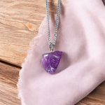 Handcrafted amethyst pendant with silver alloy chain – gemstone locket for healing and spiritual clarity