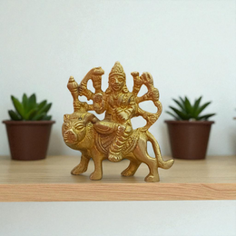 Handcrafted brass Durga Mata statue (Sherawali Mata) seated on lion, symbolizing strength, protection, and divine grace