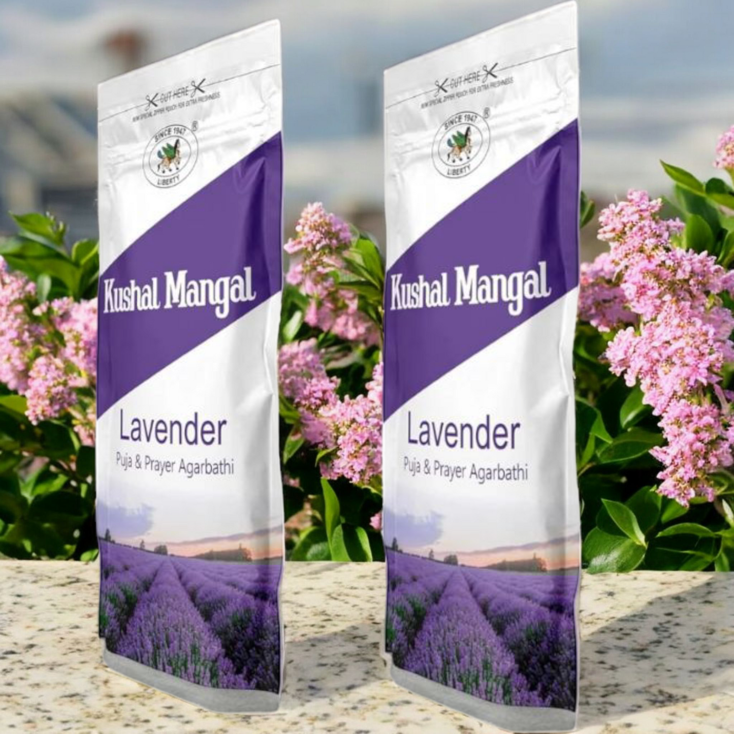 Handcrafted lavender incense sticks displayed with fresh lavender flowers and a traditional incense holder