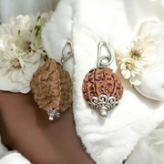 Handcrafted pendant featuring 2 Mukhi and 6 Mukhi Rudraksha beads set in metal caps, symbolizing peace, strength, and clarity