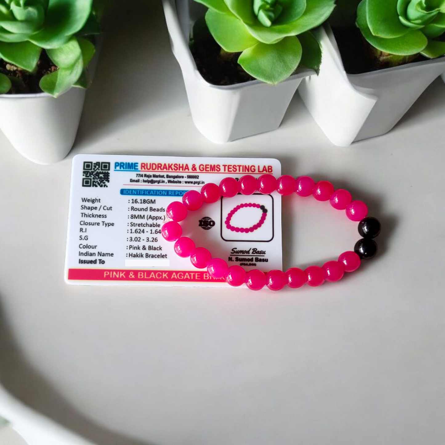 Handmade pink and black agate bracelet with 8MM polished hakik beads, stretchable and unisex design