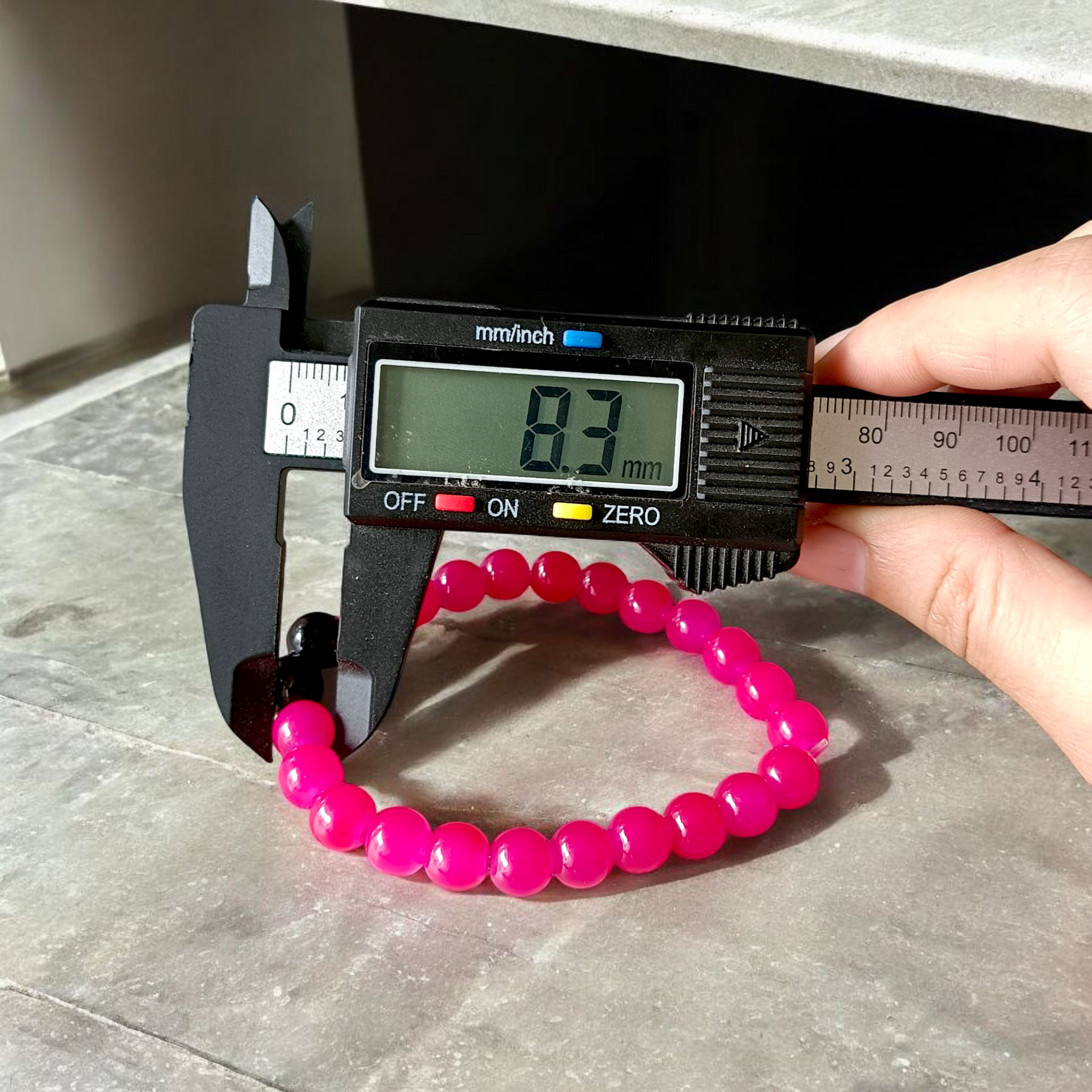 Handmade pink and black agate bracelet with 8MM polished hakik beads, stretchable and unisex design