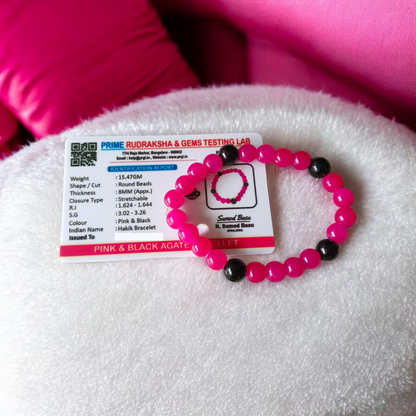 Handmade pink and black agate bracelet with 8MM polished hakik beads, stretchable and unisex design