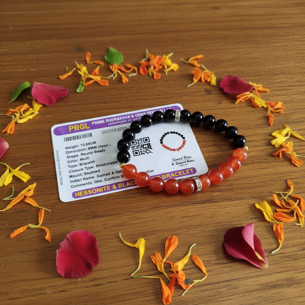 Hessonite & Black Agate Bracelet  – Stretchable, Lab Certified, Spiritual Energy