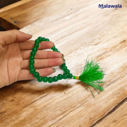 High-quality Green Hakik Mala made of 8MM Natural Green Agate beads with knotting, available in 27+1 and 108+1 bead variants, displayed with lab certificate