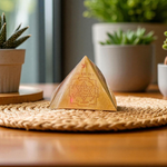 High-quality copper Vastu Pyramid Yantra with detailed etching, placed on a pillar top for energy correction