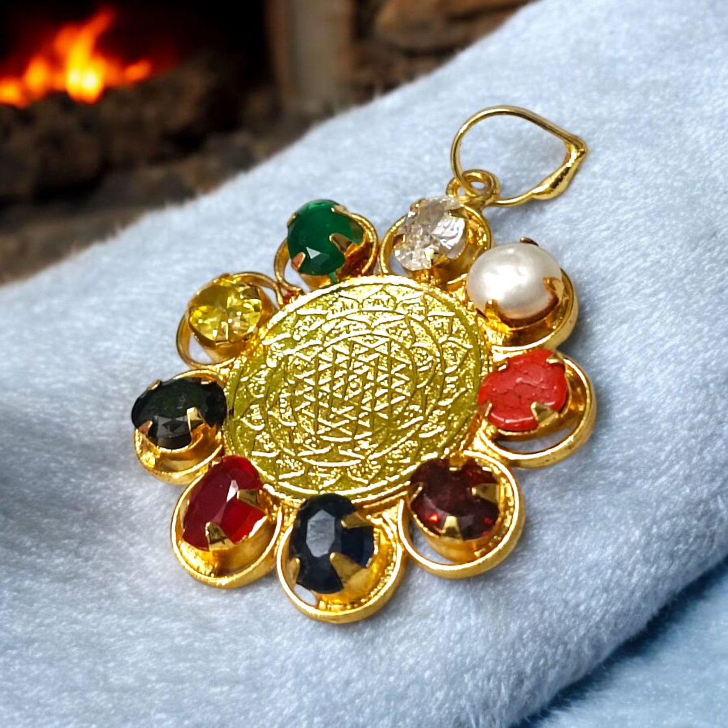Navratna Locket with Shri Yantra Pendant | Nine Gemstones Spiritual Jewelry