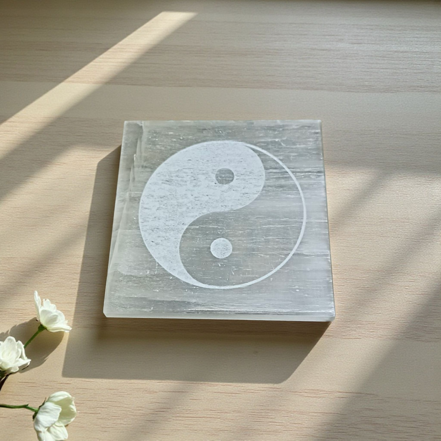 Lab-Certified Selenite Engraved Charging Plate Coaster for crystal cleansing, clarity, intuition, and meditation