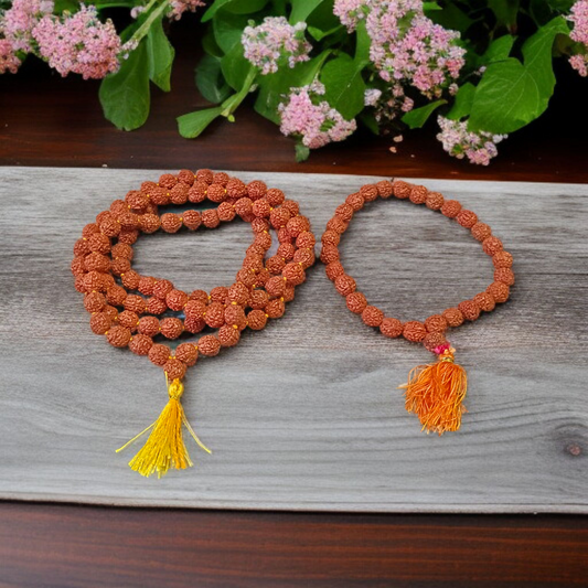 Image displaying a combo of 5 Rudraksha Malas (108+1 beads each) and 1 Rudraksha Japa Mala (27+1 beads), all lab certified and neatly arranged for spiritual practice