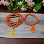 Image displaying a combo of 5 Rudraksha Malas (108+1 beads each) and 1 Rudraksha Japa Mala (27+1 beads), all lab certified and neatly arranged for spiritual practice