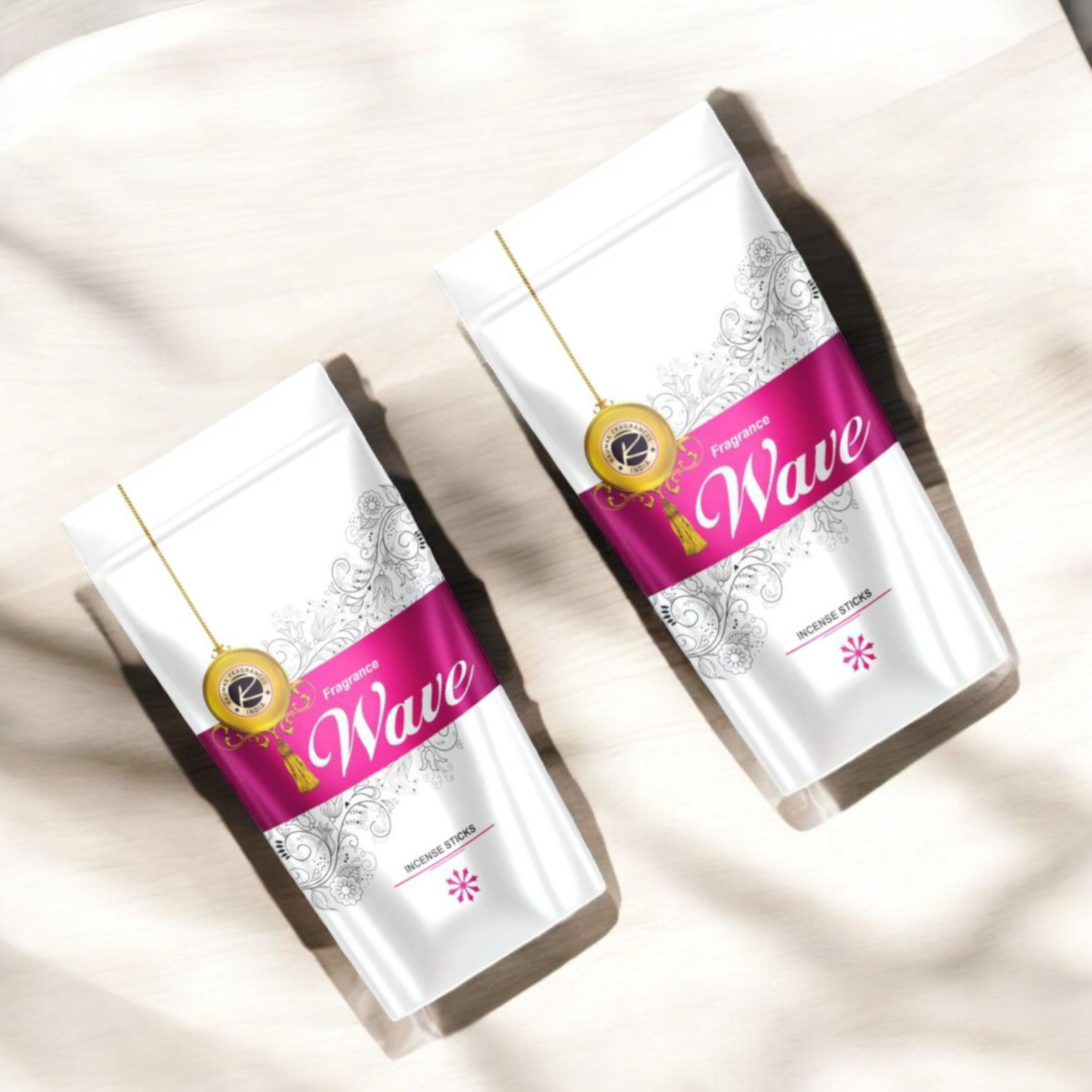 Image of Fragrance Wave Agarbatti Sticks in a 130g Zipper Pack, hand-rolled incense arranged next to a traditional incense holder