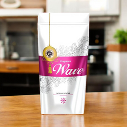 Image of Fragrance Wave Agarbatti Sticks in a 130g Zipper Pack, hand-rolled incense arranged next to a traditional incense holder