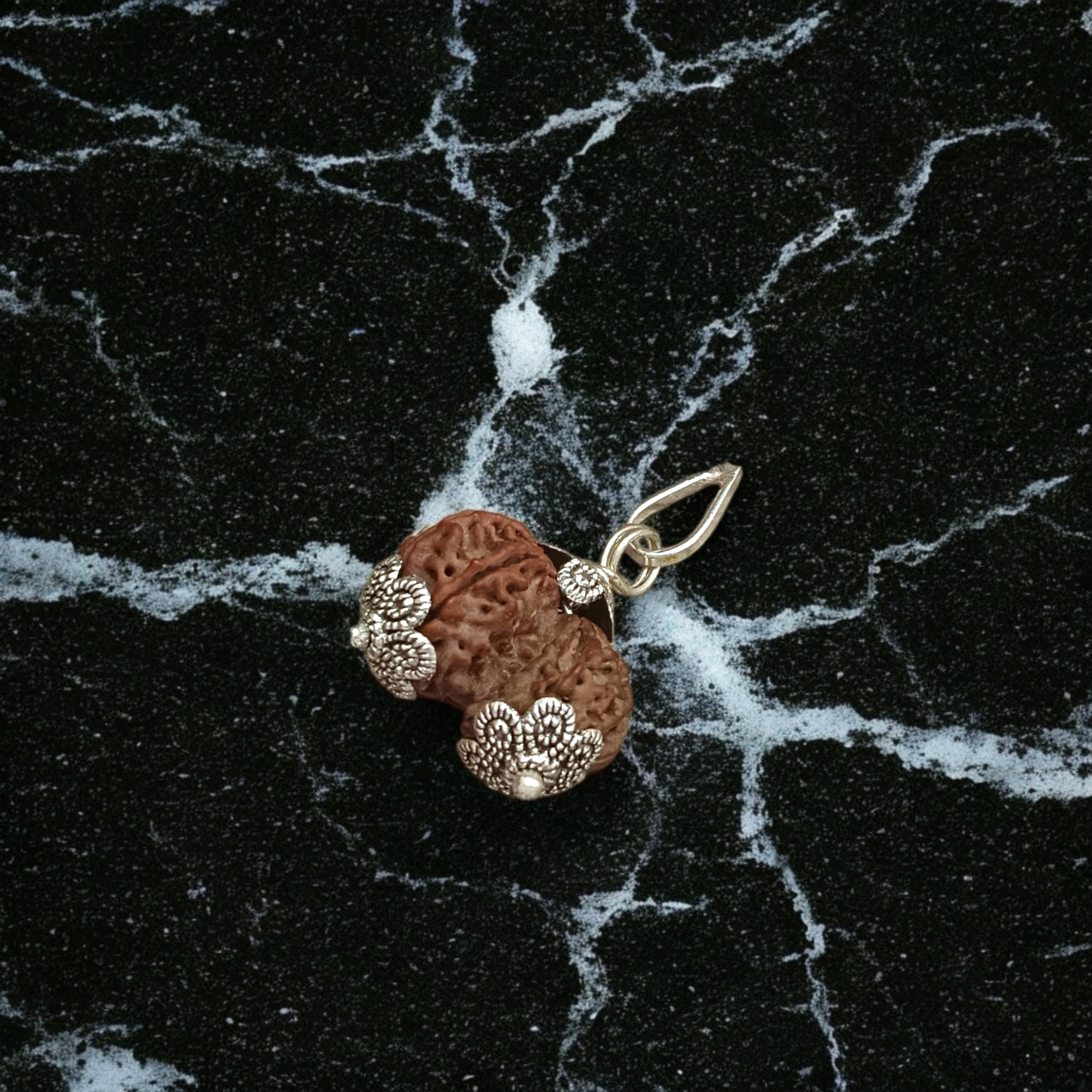 Image of Garbh Gauri Rudraksha twin bead with natural brown texture, placed on a silk cloth with traditional background