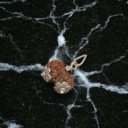 Image of Garbh Gauri Rudraksha twin bead with natural brown texture, placed on a silk cloth with traditional background
