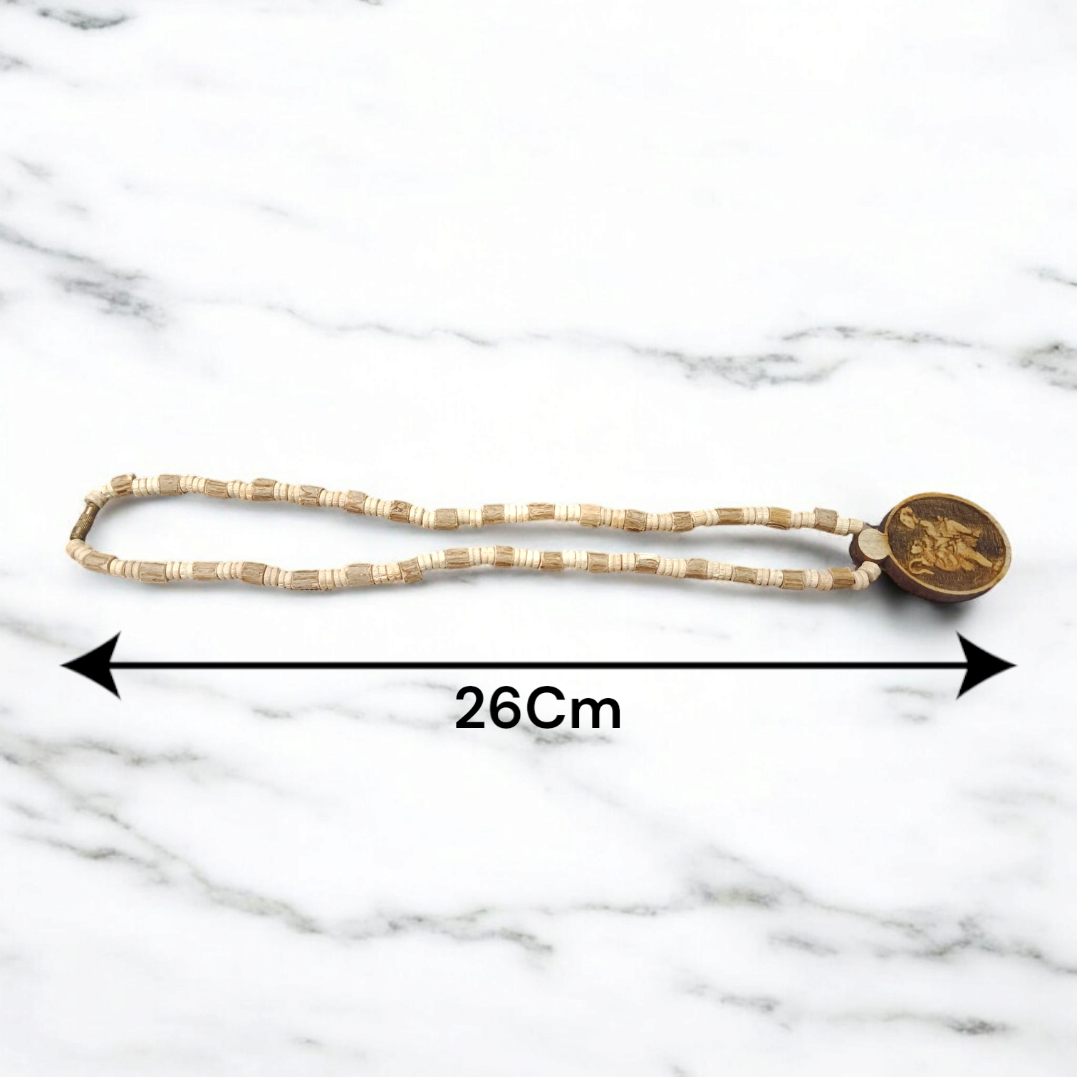 Image of Hanuman Ji Locket strung in Tulsi Mala with natural wood beads, placed on a white background