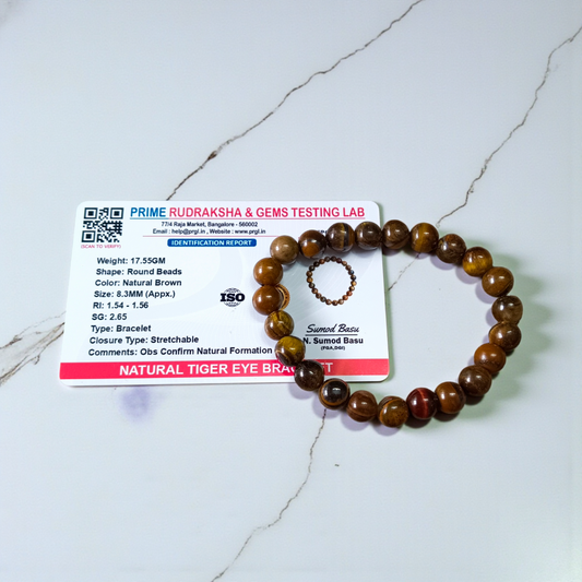 Image of a natural Tiger Eye bracelet made of 8mm golden-brown beads with a silky shine, arranged in a circular shape on a neutral background