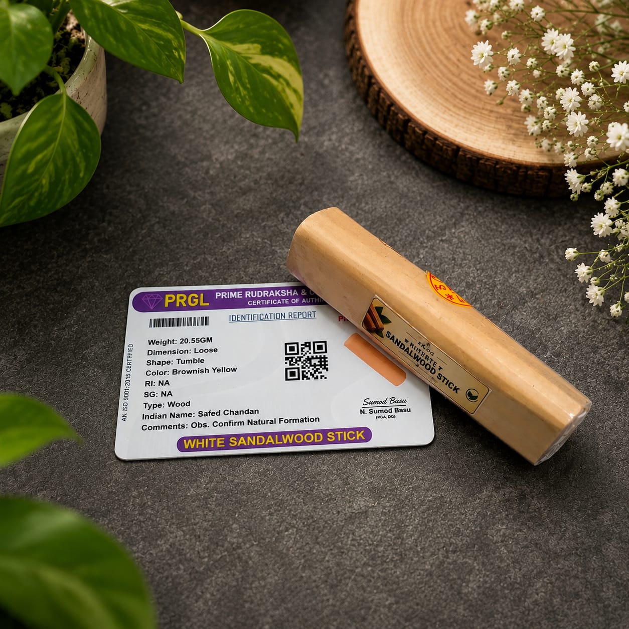 Image of original Mysore sandalwood stick for puja, weighing 30-40 grams, with a rich natural wood texture and soothing aroma