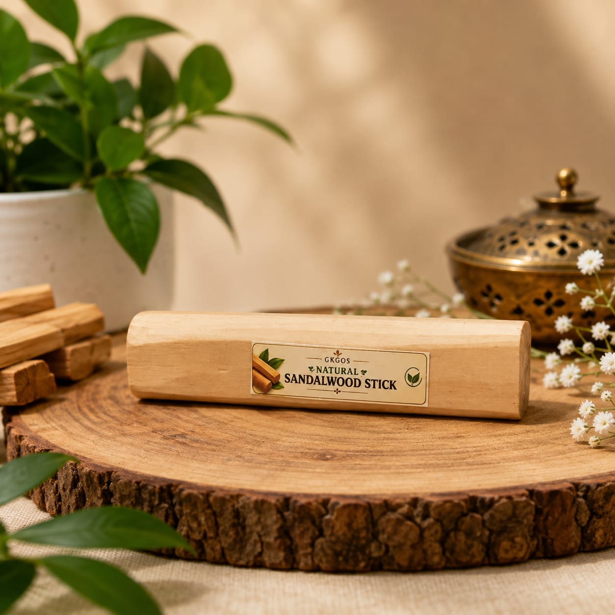 Image of original Mysore sandalwood stick for puja, weighing 30-40 grams, with a rich natural wood texture and soothing aroma