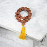 Image showing 6 Mukhi Rudraksha Mala with 13MM natural brown beads and traditional stringing, available in 27+1 and 108+1 variants, ideal for meditation and success