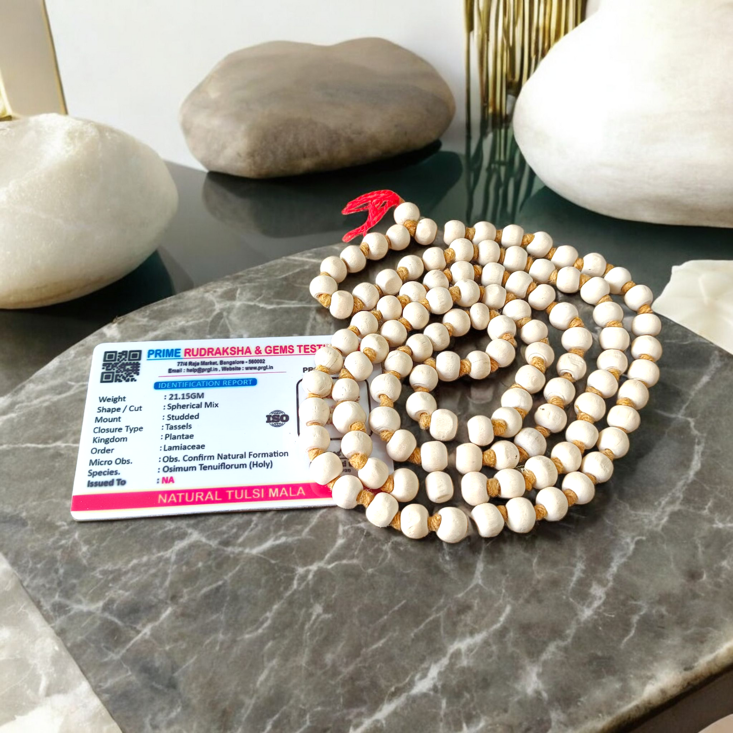 Image showing a combo of Tulsi Mala and Sphatik Mala with traditional guru beads, neatly arranged on a spiritual cloth background