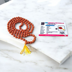 Image showing a complete set of 5 Mukhi Rudraksha Mala and a matching Rudraksha Pendant with metal capping on a spiritual background