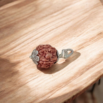 Image showing a complete set of 5 Mukhi Rudraksha Mala and a matching Rudraksha Pendant with metal capping on a spiritual background