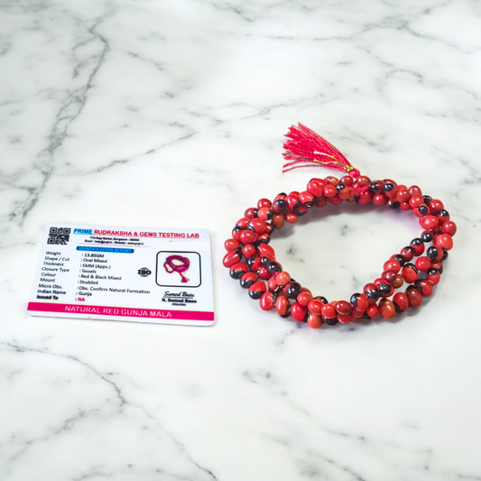 Image showing combo of Lal Gunja Mala and Black Gunja Mala with 108+1 beads, lab certified, placed aesthetically on a spiritual cloth for rituals or meditation