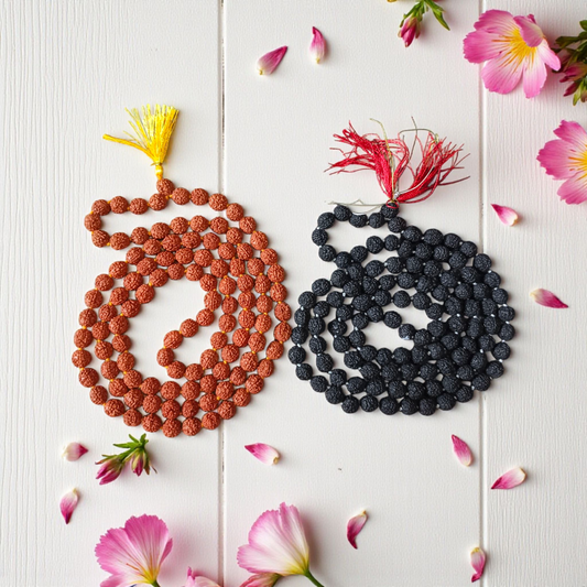 Image showing combo of brown Rudraksha Mala and Black Rudraksha Mala, each with 108+1 beads (8mm), lab certified and arranged on a spiritual cloth background