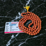 Image showing combo of brown Rudraksha Mala and Black Rudraksha Mala, each with 108+1 beads (8mm), lab certified and arranged on a spiritual cloth background
