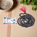 Image showing combo of brown Rudraksha Mala and Black Rudraksha Mala, each with 108+1 beads (8mm), lab certified and arranged on a spiritual cloth background