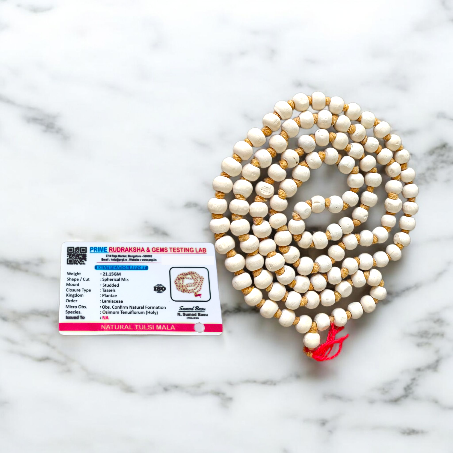 Image showing combo of lab-certified Tulsi Mala and Kamal Gatta Mala with 108+1 beads each, beautifully strung and ideal for meditation and prayer