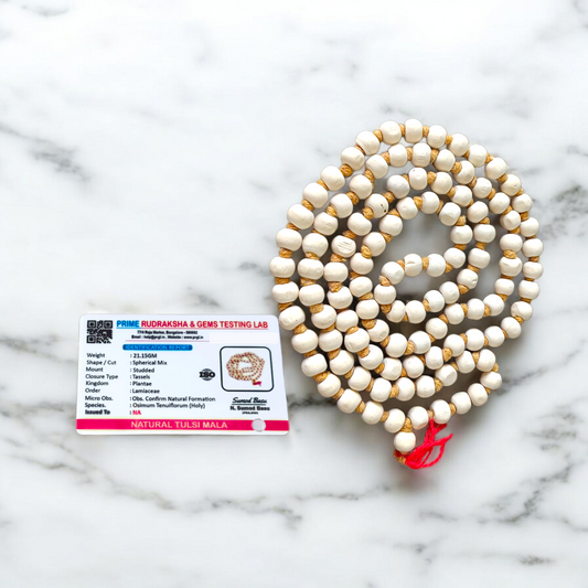 Image showing combo of lab-certified Tulsi Mala and Kamal Gatta Mala with 108+1 beads each, beautifully strung and ideal for meditation and prayer