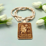 Jai Shri Bageshwar Dham Tulsi Mala with metal locket and screw-lock clasp, displayed against a plain white background