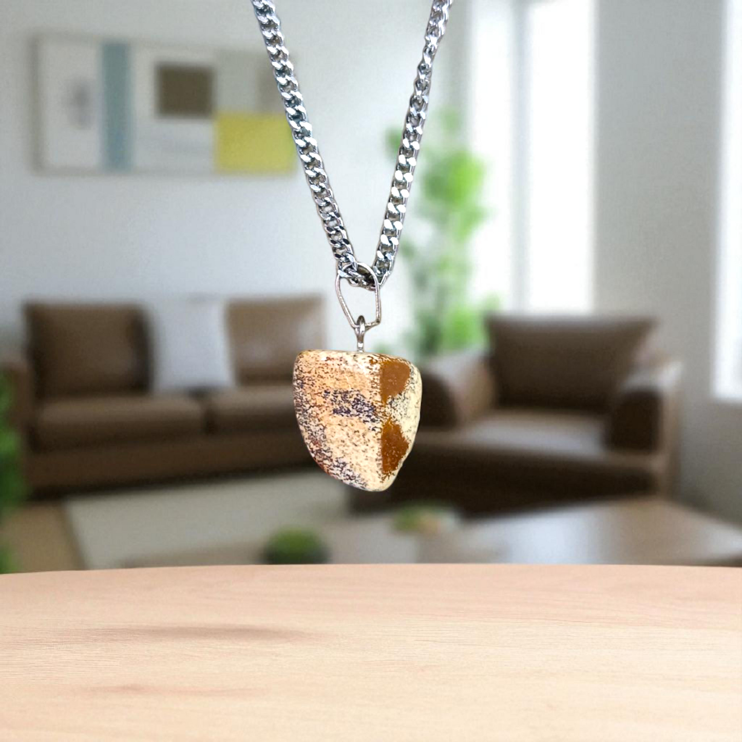 Jasper Stone Pendant with Leopard Skin Pattern on Stainless Steel Chain – Elegant, Lab-Certified Healing Jewelry