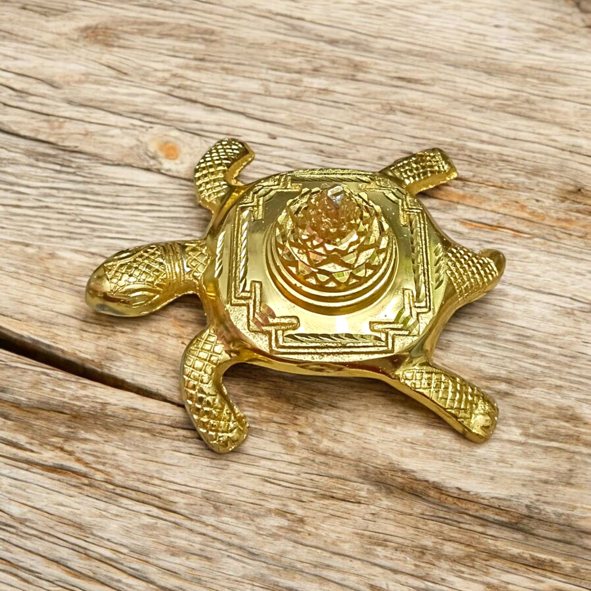 Kachua Shri Yantra – a golden Meru Yantra mounted on a tortoise base, ideal for Vastu correction, prosperity, and spiritual decor