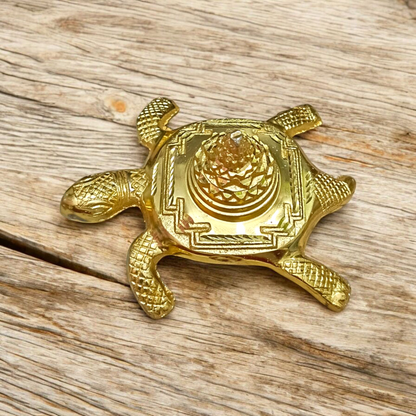 Kachua Shri Yantra – a golden Meru Yantra mounted on a tortoise base, ideal for Vastu correction, prosperity, and spiritual decor